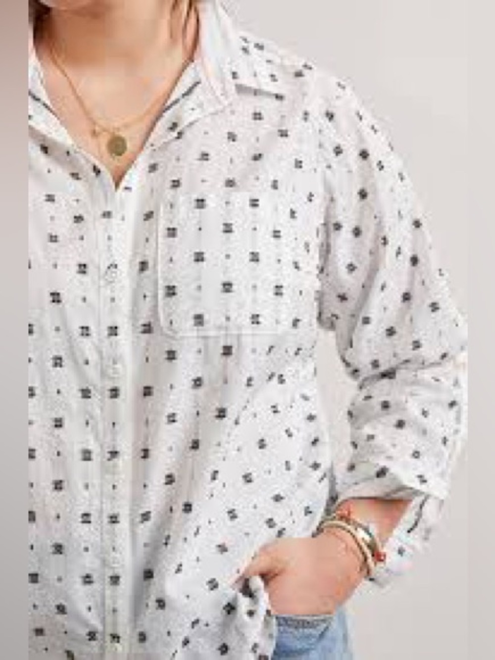 Maeve Anthropologie White Black Embroidered Button Up Shirt US 10